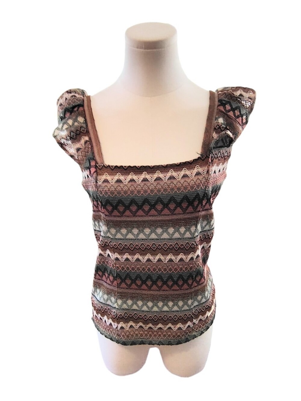 Nine West Embroidered Green Pink Contemporary Flutter Sleeve Blouse Size Small